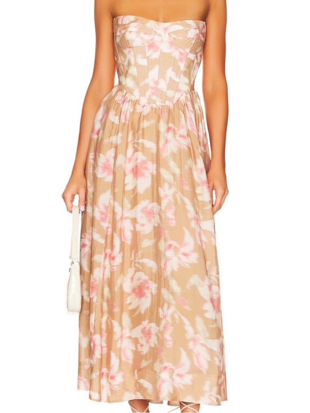 Bardot Beige Strapless Floral Maxi Dress with Pink Accents